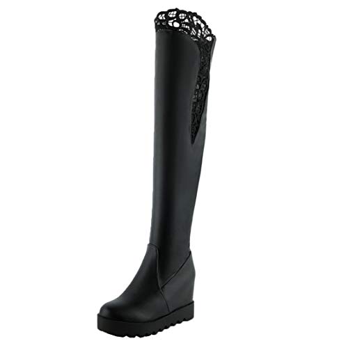 MISSUIT Damen Schlupfstiefel Keilabsatz Overknee Stiefel mit Spitze High Heels Stiefel Plateau Chunky Boots(Schwarz,40) von MISSUIT