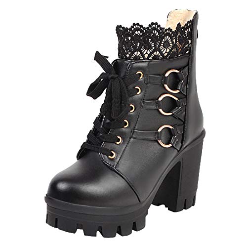 MISSUIT Damen Schnür Ankle Boots Blockabsatz Plateau High Heels Stiefeletten mit Schnürung und Reißverschluss hinten Spitze Schuhe(Schwarz,35) von MISSUIT