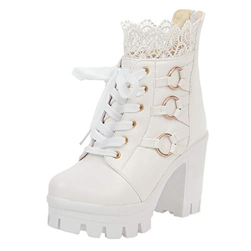 MISSUIT Damen Schnür Ankle Boots Blockabsatz Plateau High Heels Stiefeletten mit Schnürung und Reißverschluss hinten Spitze Schuhe(Weiß,38) von MISSUIT