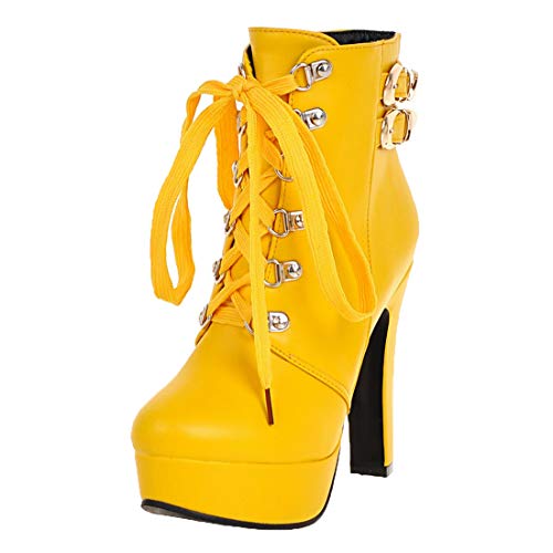 MISSUIT Damen Schnür Ankle Boots mit Blockabsatz und Schnürung High Heels Plateau Stiefeletten 12cm Absatz Schuhe(Gelb,37) von MISSUIT