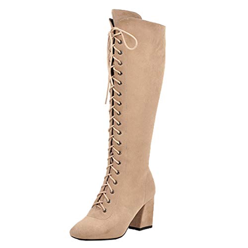 MISSUIT Damen Schnür High Heels Stiefel Blockabsatz Kniehohe Stiefel Reißverschluss Hohe High Knee Stiefel Winterboots(Beige,38) von MISSUIT