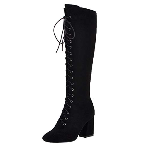 MISSUIT Damen Schnür High Heels Stiefel Blockabsatz Kniehohe Stiefel Reißverschluss Hohe High Knee Stiefel Winterboots(Schwarz,35) von MISSUIT