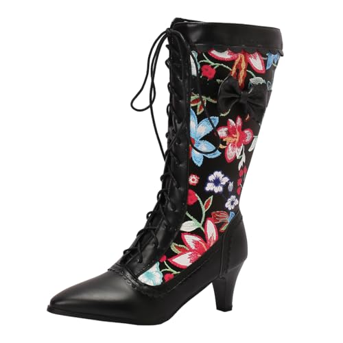 MISSUIT Damen Schnürstiefel Blockabsatz Halbstiefel mit Blumenmuster Schnürung(Schwarz,45) von MISSUIT