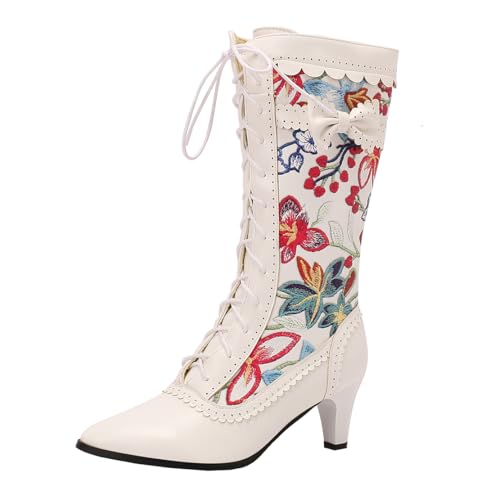 MISSUIT Damen Schnürstiefel Blockabsatz Halbstiefel mit Blumenmuster Schnürung(Weiß,46) von MISSUIT