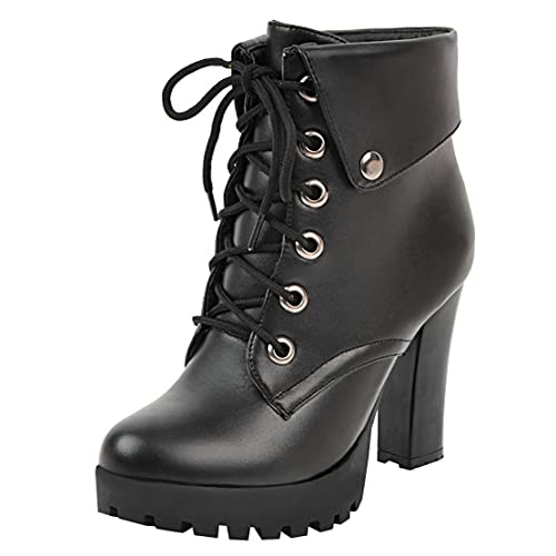 MISSUIT Damen Schnürstiefeletten Blockabsatz Ankle Boots Plateau High Heels Stiefeletten mit Schnürung Schuhe(Schwarz1,40) von MISSUIT