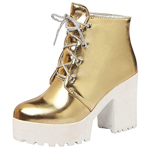 MISSUIT Damen Schnürstiefeletten Blockabsatz Stiefeletten mit Schnürung und 9cm Absatz Plateau Ankle Boots Winter Schuhe(Gold,38) von MISSUIT