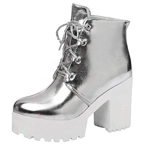 MISSUIT Damen Schnürstiefeletten Blockabsatz Stiefeletten mit Schnürung und 9cm Absatz Plateau Ankle Boots Winter Schuhe(Silber,36) von MISSUIT