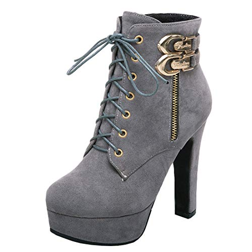 MISSUIT Damen Schnürstiefeletten High Heels Plateau Ankle Boots mit Blockabsatz und Schnürung 12cm Absatz Reißverschluss(Grau,36) von MISSUIT