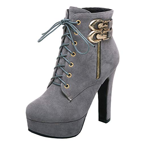 MISSUIT Damen Schnürstiefeletten High Heels Plateau Ankle Boots mit Blockabsatz und Schnürung 12cm Absatz Reißverschluss(Grau,42) von MISSUIT