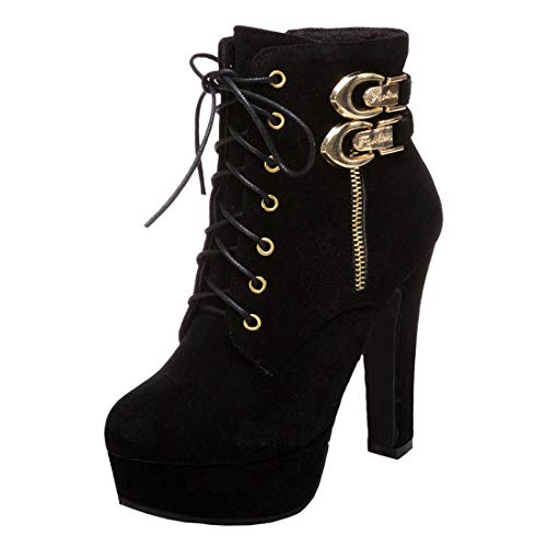 MISSUIT Damen Schnürstiefeletten High Heels Plateau Ankle Boots mit Blockabsatz und Schnürung 12cm Absatz Reißverschluss(Schwarz,42) von MISSUIT