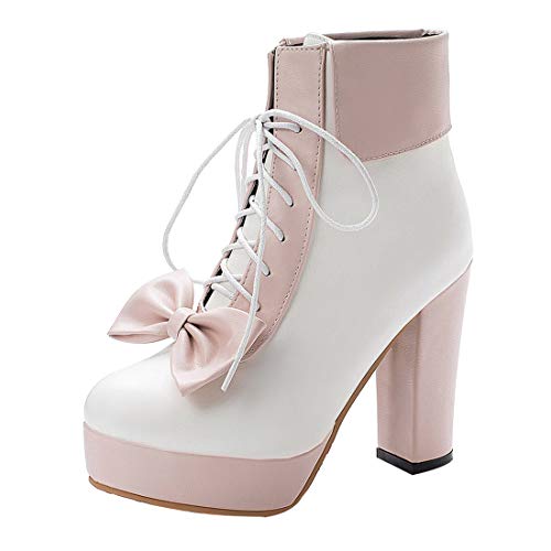 MISSUIT Damen Schnürstiefeletten High Heels Plateau Ankle Boots mit Schnürung und Blockabsatz Schleife Schuhe(Pink,45) von MISSUIT