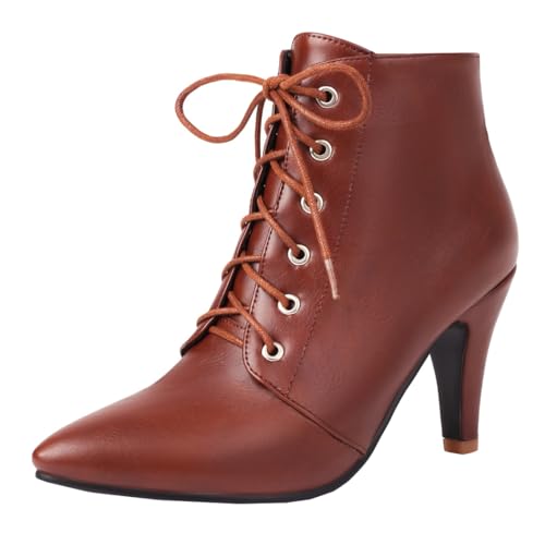 MISSUIT Damen Schnürstiefeletten Spitze Stiefeletten High Heels mit Schnürung Ankle Boots Stiletto Winterstiefel Kurzschaft Stiefel Schuhe(Braun,45) von MISSUIT