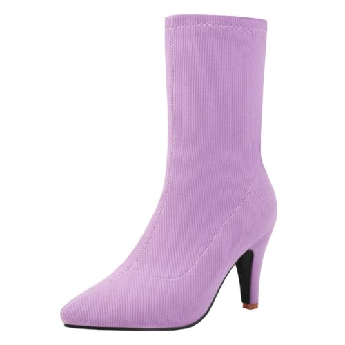 MISSUIT Damen Sock Stiefeletten Gestrickt Stretch Ankle Boots High Heels Spitz Schlupfstiefel Winterstiefel Stiletto Kurzschaft Stiefel Schuhe(Lila,44) von MISSUIT