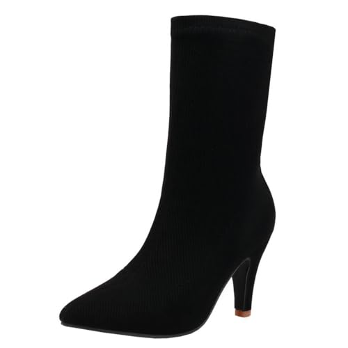 MISSUIT Damen Sock Stiefeletten Gestrickt Stretch Ankle Boots High Heels Spitz Schlupfstiefel Winterstiefel Stiletto Kurzschaft Stiefel Schuhe(Schwarz,38) von MISSUIT