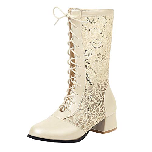 MISSUIT Damen Sommer Schnürstiefeletten mit Spitze und Schnürung Kurzschaft Stiefel Blockabsatz Sommerstiefel(Beige,37) von MISSUIT