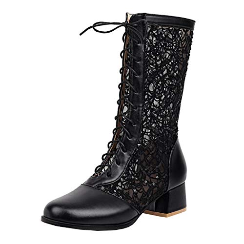 MISSUIT Damen Sommer Schnürstiefeletten mit Spitze und Schnürung Kurzschaft Stiefel Blockabsatz Sommerstiefel(Schwarz,38) von MISSUIT