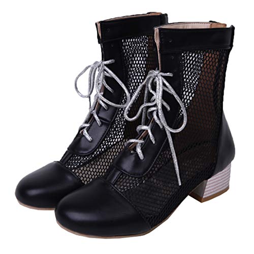 MISSUIT Damen Sommerstiefeletten Mesh Blockabsatz Stiefeletten mit Schnürung Cut Out Schuhe(Schwarz,37) von MISSUIT