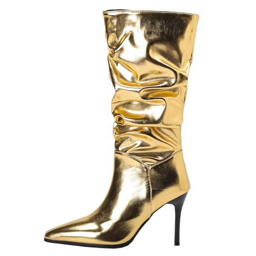 MISSUIT Damen Spitz Halbschaft Stiefel Metallic Glitzer Halbstiefel Stiletto High Heels Stiefel Slouchy Schuhe(Gold,42) von MISSUIT