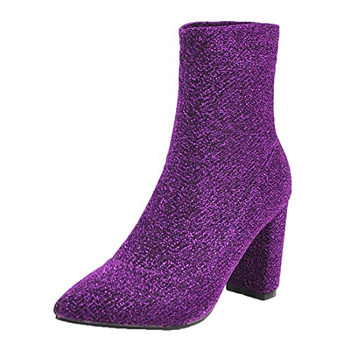 MISSUIT Damen Spitze Ankle Boots Blockabsatz High Heels Stiefel Stretch Stiefeletten Ohne Verschluss Schuhe(Lila,43) von MISSUIT