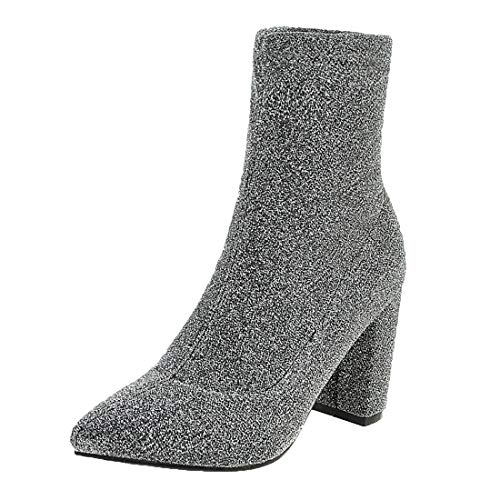 MISSUIT Damen Spitze Ankle Boots Blockabsatz High Heels Stiefel Stretch Stiefeletten Ohne Verschluss Schuhe(Silber,37) von MISSUIT