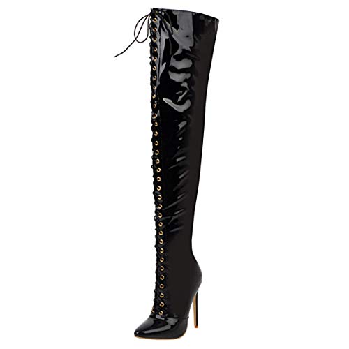 MISSUIT Damen Spitze High Heels Overkneestiefel Lack Stiletto Overknee Boots Schnürung Reißverschluss(Schwarz,39) von MISSUIT