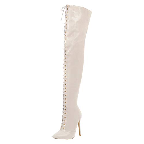 MISSUIT Damen Spitze High Heels Overkneestiefel Lack Stiletto Overknee Boots Schnürung Reißverschluss(Weiß,37) von MISSUIT