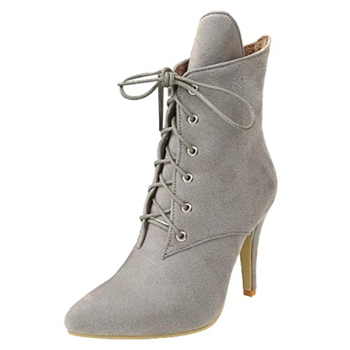 MISSUIT Damen Spitze High Heels Stiefeletten mit Schnürung Stiletto Ankle Boots Schnür Reißverschluss 10cm Absatz(Grau,37) von MISSUIT
