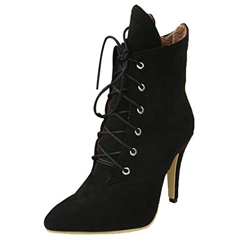MISSUIT Damen Spitze High Heels Stiefeletten mit Schnürung Stiletto Ankle Boots Schnür Reißverschluss 10cm Absatz(Schwarz,38) von MISSUIT