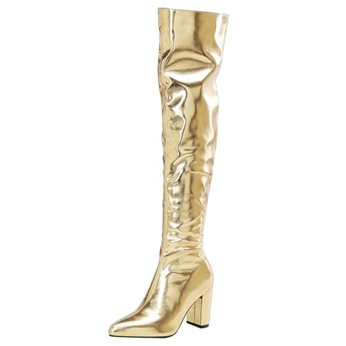 MISSUIT Damen Spitze Overknee Stiefel mit Blockabsatz Glitzer Metallic Stiefel Slouchy High Heels Langschaftstiefel Reißverschluss Schuhe(Gold,38) von MISSUIT