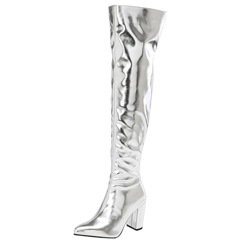 MISSUIT Damen Spitze Overknee Stiefel mit Blockabsatz Glitzer Metallic Stiefel Slouchy High Heels Langschaftstiefel Reißverschluss Schuhe(Silber,41) von MISSUIT
