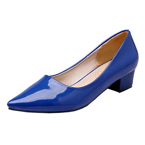 MISSUIT Damen Spitze Pumps Lack Blockabsatz Chunky Heels Pumps Slip on Schuhe(Blau,36) von MISSUIT