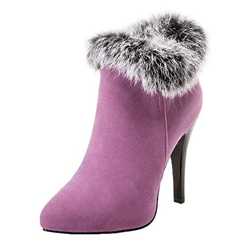 MISSUIT Damen Spitze Stiefeletten High Heels Ankle Boots mit Fell und Stiletto 11cm Absatz Kurzschaft Stiefel Reißverschluss(Lila,35) von MISSUIT