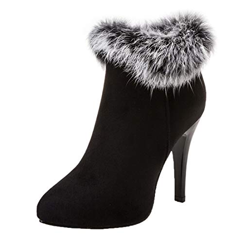 MISSUIT Damen Spitze Stiefeletten High Heels Ankle Boots mit Fell und Stiletto 11cm Absatz Kurzschaft Stiefel Reißverschluss(Schwarz,39) von MISSUIT