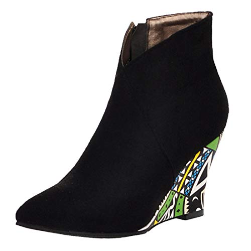 MISSUIT Damen Spitze Stiefeletten High Heels Keilabsatz Ankle Boots Blumenmuster Keilstiefeletten Wedges Reißverschluss(Schwarz,34) von MISSUIT