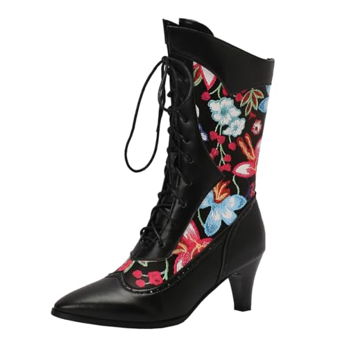 MISSUIT Damen Stiefel mit Blumenstickerei Schnürung Blockabsatz Halbstiefel(Schwarz,41) von MISSUIT