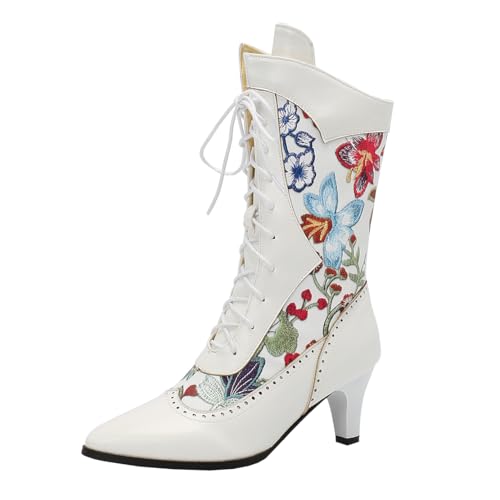 MISSUIT Damen Stiefel mit Blumenstickerei Schnürung Blockabsatz Halbstiefel(Weiß,38) von MISSUIT