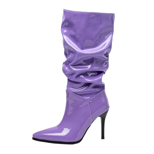 MISSUIT Damen Stiefel mit High Heels Lack Slouch Spitze Halbstiefel Stiletto(Lila,41) von MISSUIT