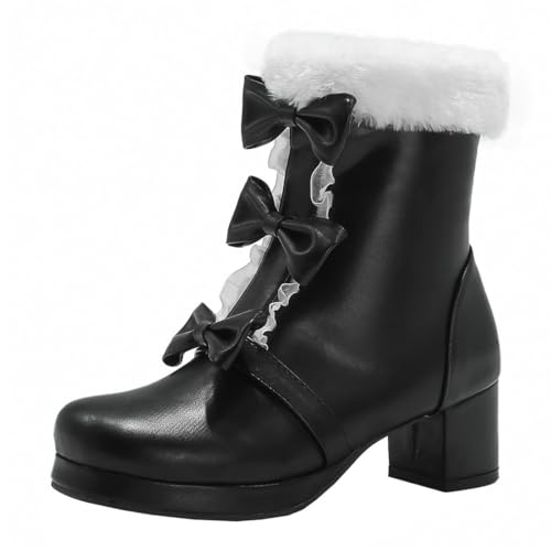 MISSUIT Damen Stiefeletten Gefüttert Fell Winterstiefel High Heels Plateau Ankle Boots Blockabsatz Schleife Reißverschluss Warm Winterschuhe(Schwarz,43) von MISSUIT