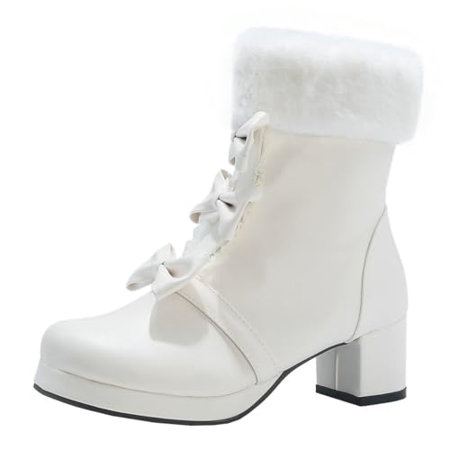 MISSUIT Damen Stiefeletten Gefüttert Fell Winterstiefel High Heels Plateau Ankle Boots Blockabsatz Schleife Reißverschluss Warm Winterschuhe(Weiß,38) von MISSUIT