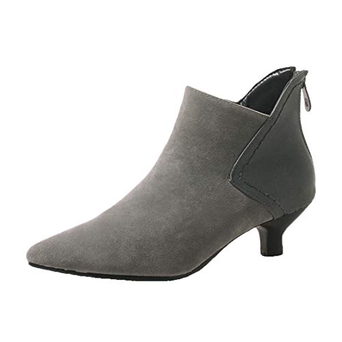 MISSUIT Damen Stiefeletten Kitten Heel Ankle Boots Spitz Reißverschluss Hinten(Grau,37) von MISSUIT