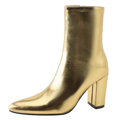 MISSUIT Damen Stiefeletten Metallic Blockabsatz Ankle Boots Spitz High Heels Glitzer Reißverschluss Schuhe(Gold,39) von MISSUIT