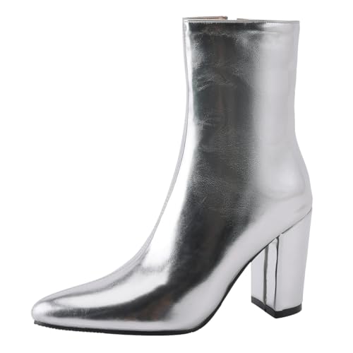 MISSUIT Damen Stiefeletten Metallic Blockabsatz Ankle Boots Spitz High Heels Glitzer Reißverschluss Schuhe(Silber,41) von MISSUIT