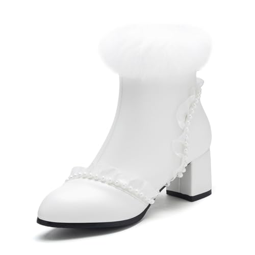 MISSUIT Damen Stiefeletten mit Blockabsatz Fell Perlen Ankle Boots(Weiß,37) von MISSUIT