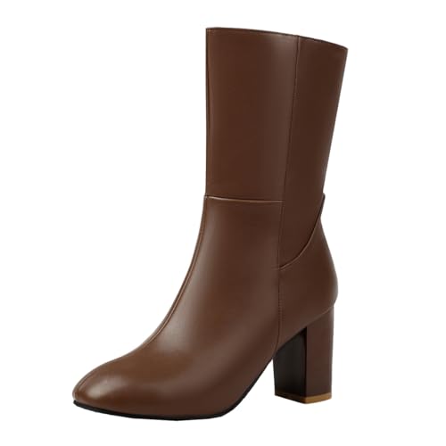 MISSUIT Damen Stiefeletten mit Blockabsatz Halbstiefel High Heels Reißverschluss(Braun,39) von MISSUIT