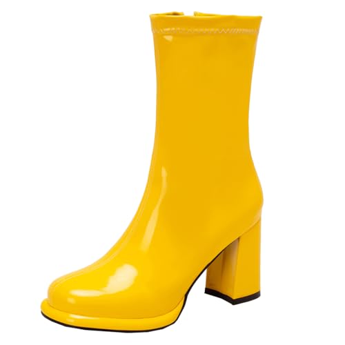 MISSUIT Damen Stiefeletten mit Blockabsatz Lack Reißverschluss Halbstiefel(Gelb,34) von MISSUIT
