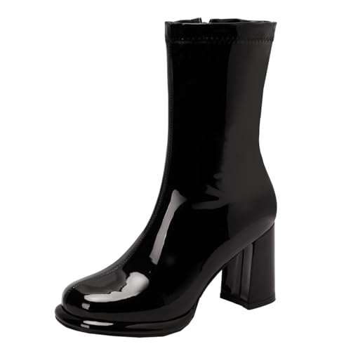 MISSUIT Damen Stiefeletten mit Blockabsatz Lack Reißverschluss Halbstiefel(Schwarz,42) von MISSUIT