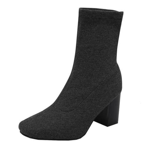 MISSUIT Damen Stiefeletten mit Blockabsatz Stretch Ankle Boots High Heels(Grau,37) von MISSUIT