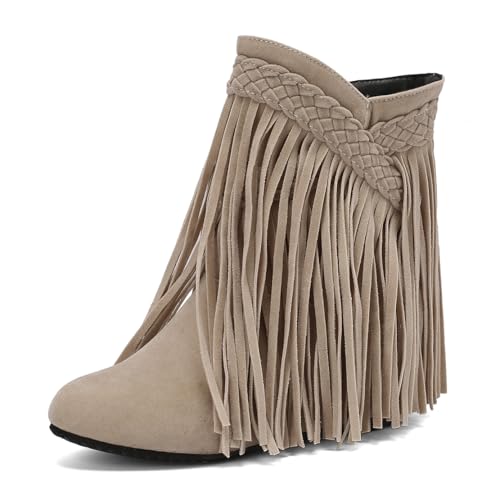 MISSUIT Damen Stiefeletten mit Fransen Wildleder Keilabsatz Ankle Boots Flacher Absatz(Beige,37) von MISSUIT