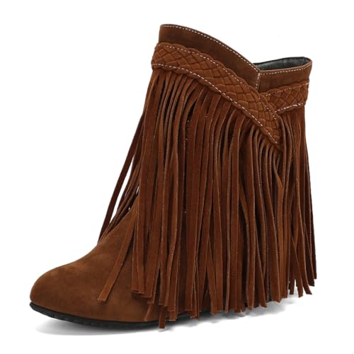 MISSUIT Damen Stiefeletten mit Fransen Wildleder Keilabsatz Ankle Boots Flacher Absatz(Gelb,43) von MISSUIT