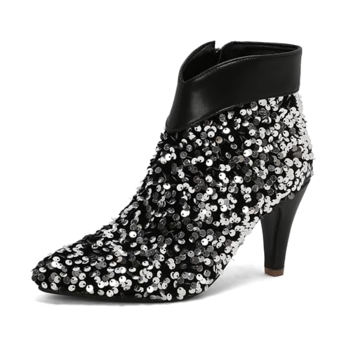 MISSUIT Damen Stiefeletten mit Pailletten Stiletto Reißverschluss High Heels Spitz(Schwarz,40) von MISSUIT